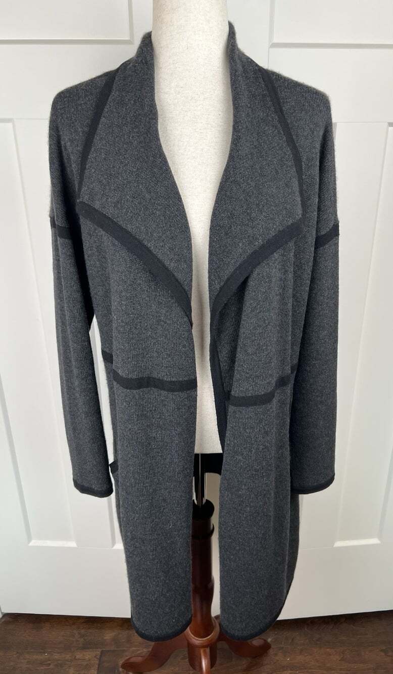 Eileen Fisher L Long Cardigan Charcoal Gray Black Open Front Draped Collar